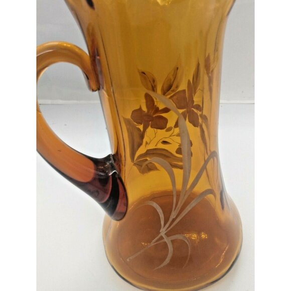 Antique Hand Blown Hand Painted Floral Amber Glass Ruffled Pitcher 1890-1900 - Picture 4 of 9